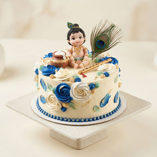 Order the Bal Gopal Janmashtami Special Cake online — fondant Krishna figurine with matka & mor pankh. Eggless options. Same-day delivery in Delhi NCR.